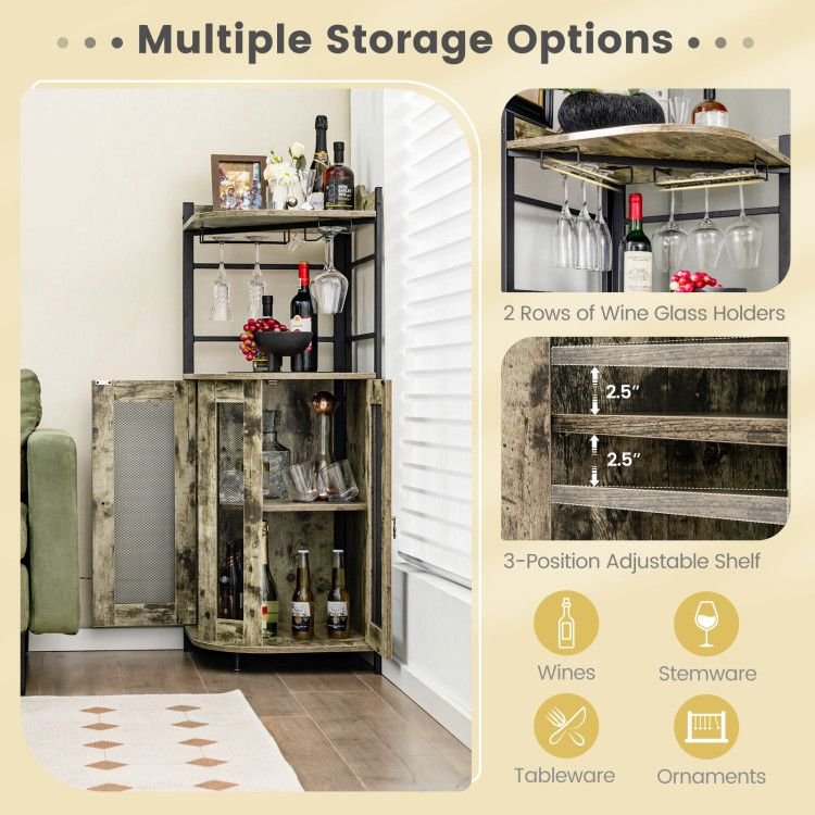 adjustable industrial corner bar cabinet with glass holder featuring an adjustable shelf