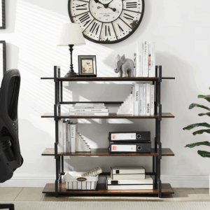 fcj industrial 4 tier bookshelves foldable metal and wood open workspace storage bookshelves for home office and workshop