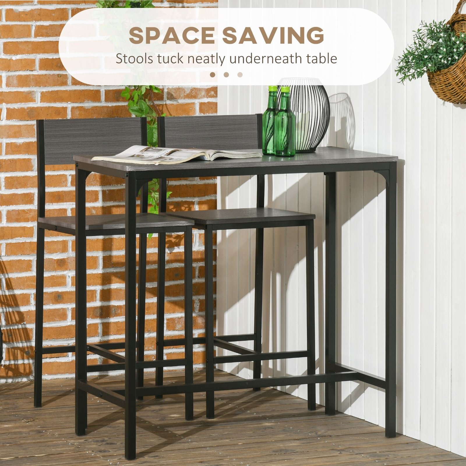 3 piece industrial style counter height dining set for 2 breakfast table in gray with bar stools for kitchen