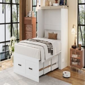full size farmhouse white murphy cabinet bed charging station foldable platform large storage drawer for small bedroom guest