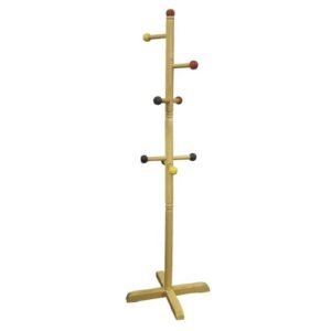 49.5" tall natural finish wooden coat rack for kids 8 colored metal pegs home furniture