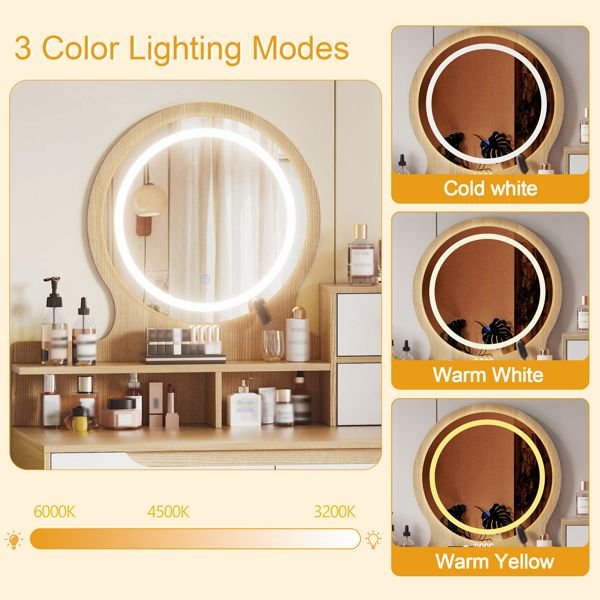 adjustable lighted mirror makeup vanity desk 4 drawers 3 open shelves solid wood table feet small space bedroom dressing table