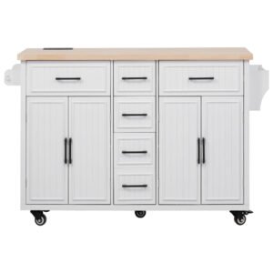 56.5'' kitchen island with drop leaf, power outlet, embossed vertical stripe rolling kitchen cart on wheels