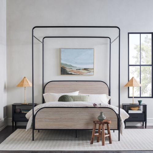 fcj modern single queen bedframe durable metal and wood canopy with extendable feature smoked oak for home furniture"