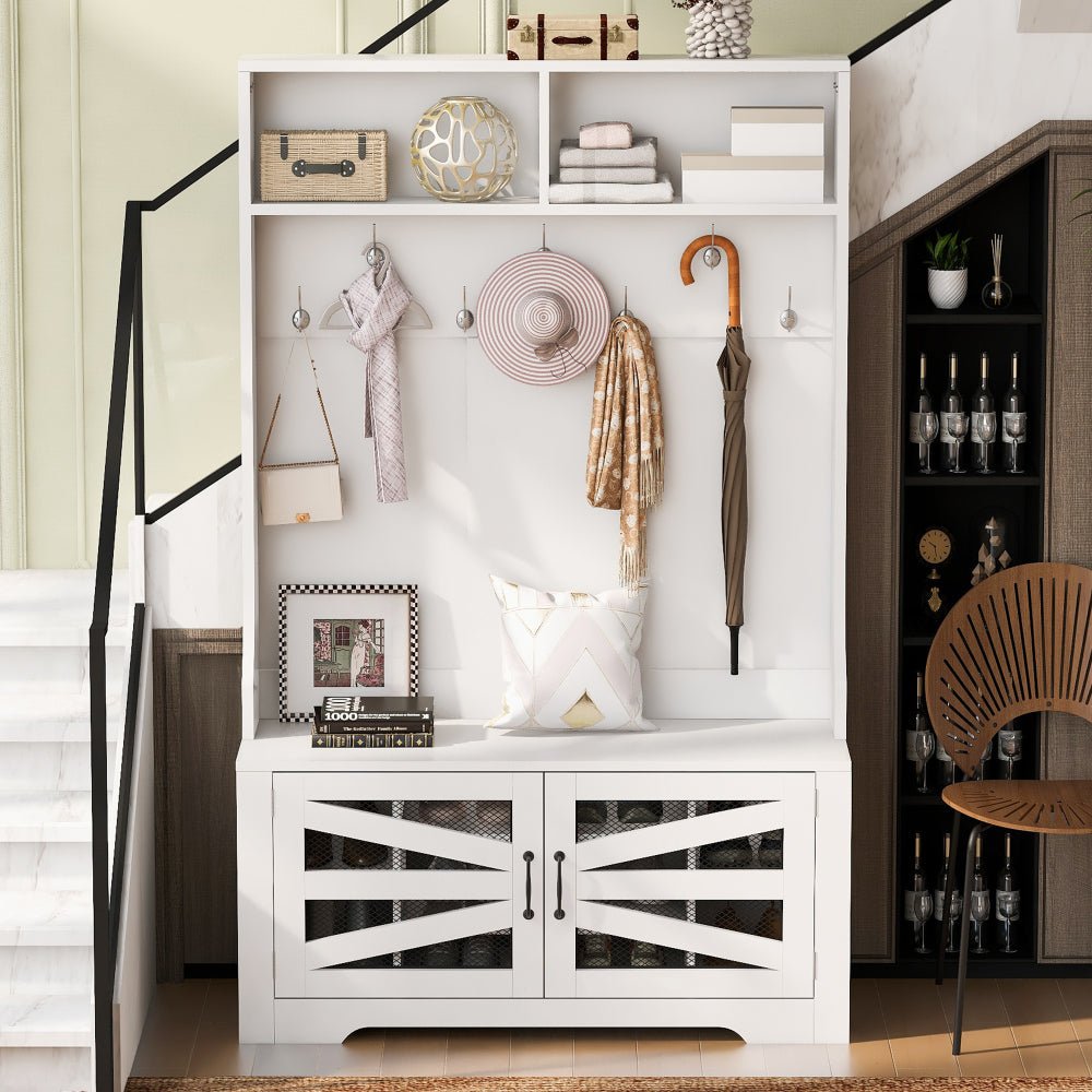 57'' hall tree with 6 hooks, coat hanger, entryway bench, 3 in 1 design, a spacious drawer for entrance, living room