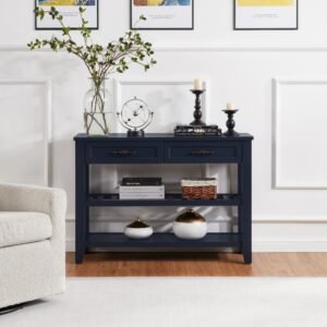 retro design pine solid wood console table with open shelves and legs for living room decor