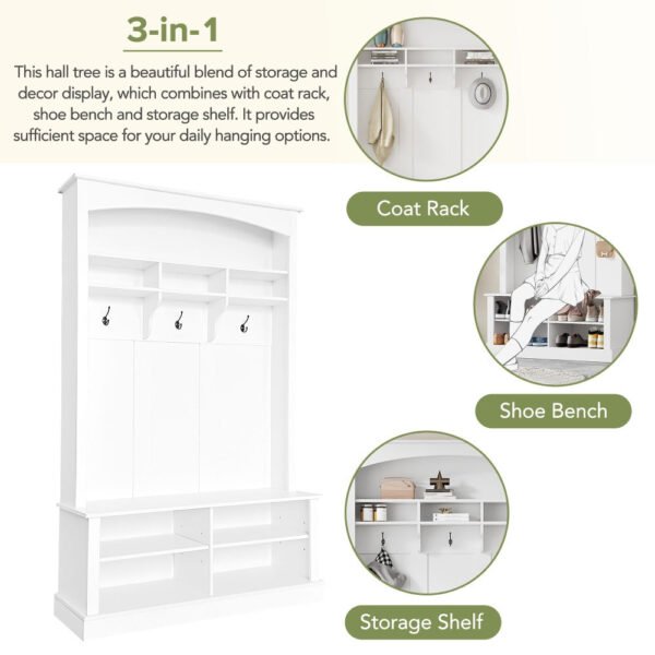 47.2'' wide hall tree with bench and shoe storage, multi functional storage bench with 3 hanging hooks & open storage space