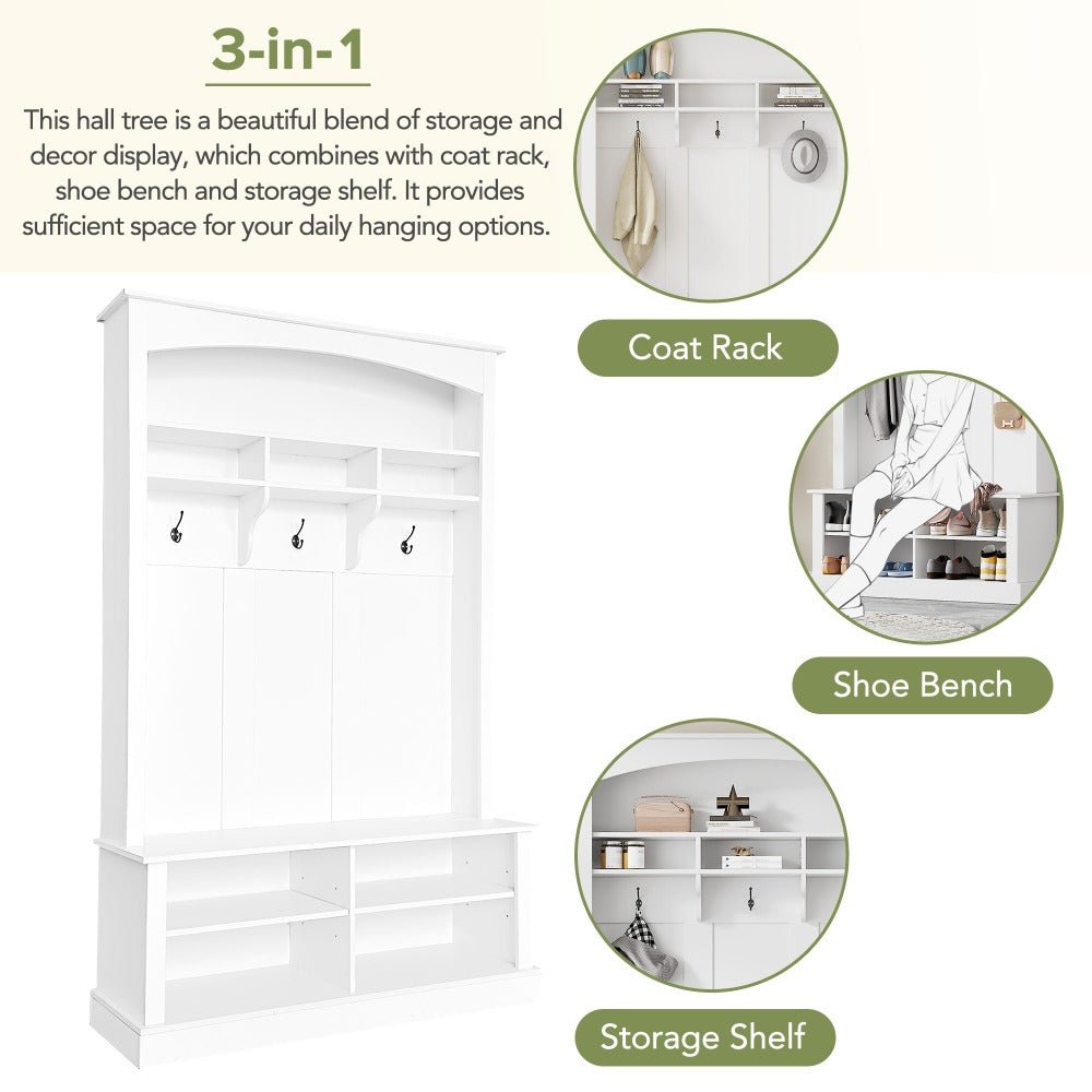 47.2'' wide hall tree with bench and shoe storage, multi functional storage bench with 3 hanging hooks & open storage space