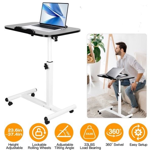 black foldable home office portable computer cart 90° tiltable rolling laptop table height adjustable mobile standing desk for