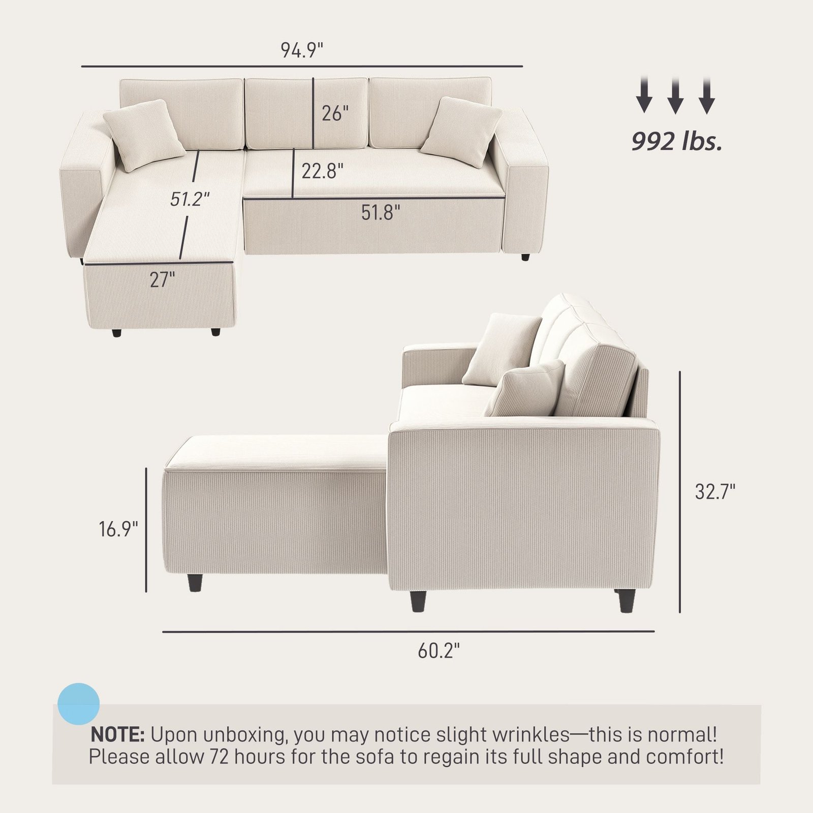 cream white corduroy l shaped sectional sofa with reversible chaise lounge corner corner sofa with pocket spring
