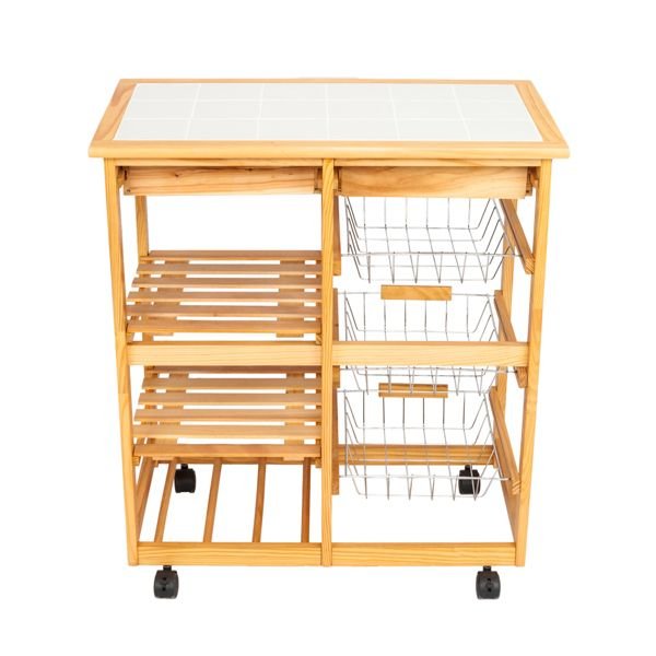 2 drawer wood color kitchen & dining room cart with rolling wheels removable storage rack for islands & carts