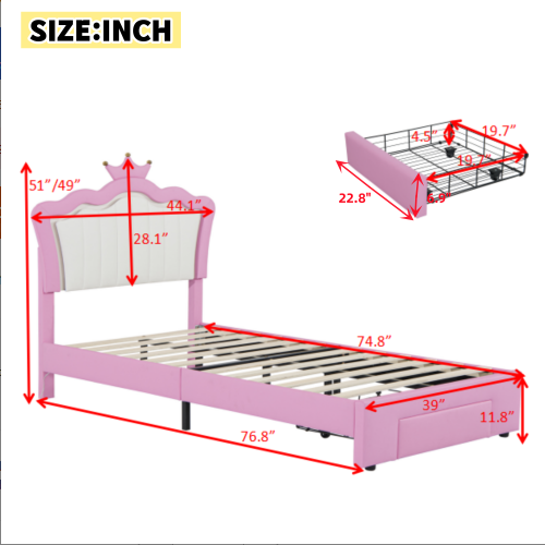 fcj modern twin size upholstered bed frame with led lights & crown headboard soft mdf wood includes a drawer
