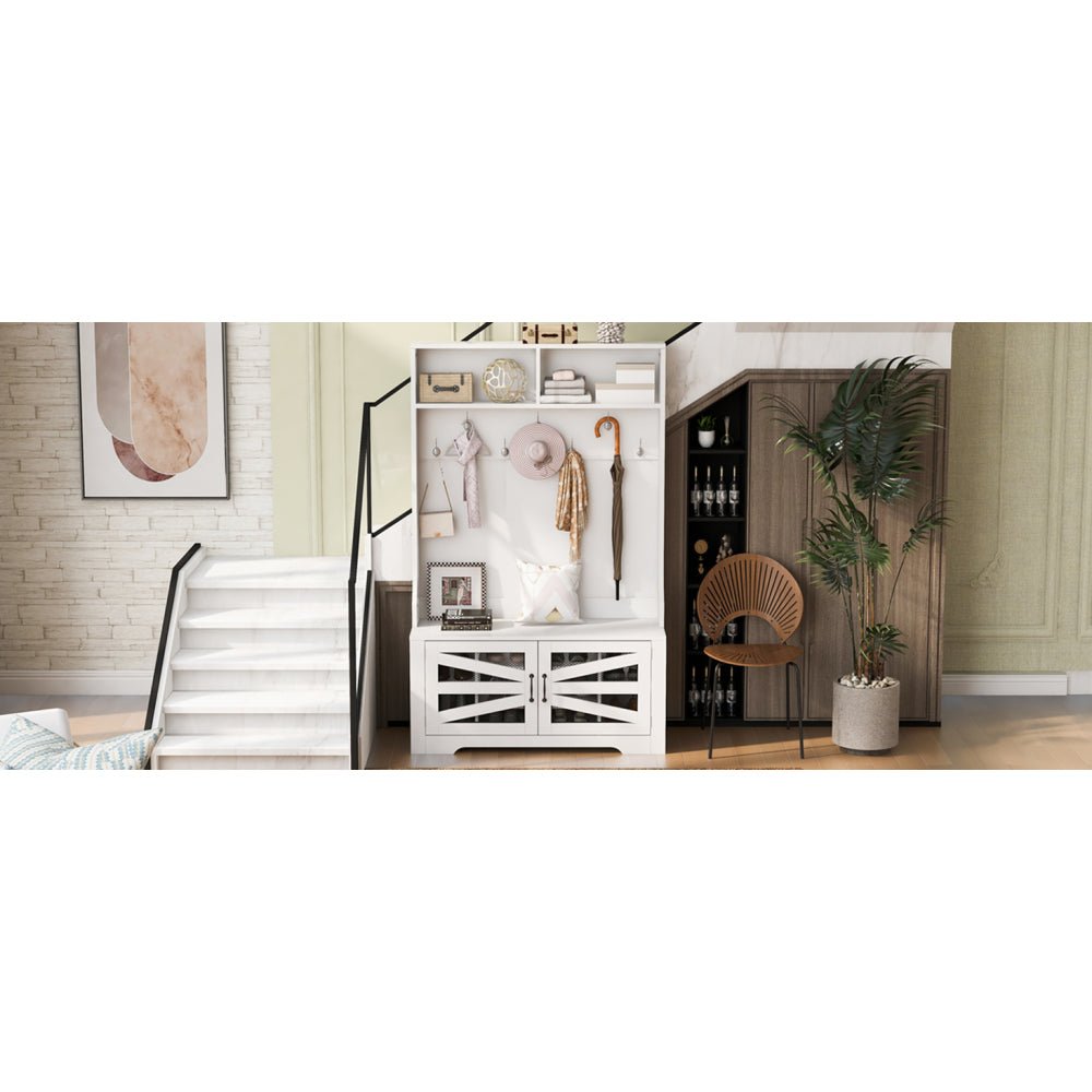 43.3'' entryway bench with coat rack, 3 in 1 design and adjustable shelves, hall tree with 7 hooks for entrance, living room