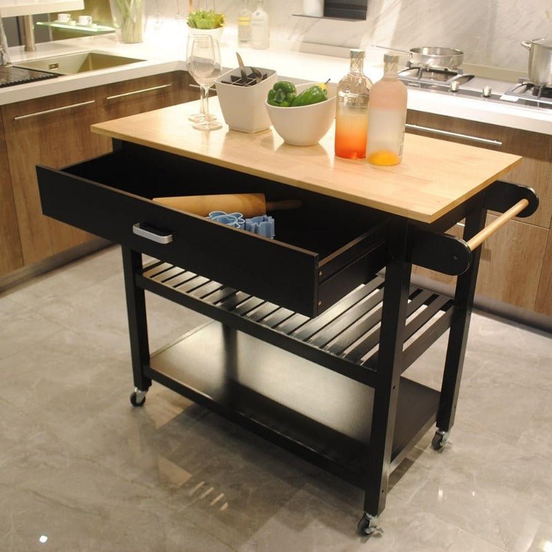 kitchen island cart, rolling trolley cart utility cabinet, with rubber wood top, easy clean with towel rack, one drawer