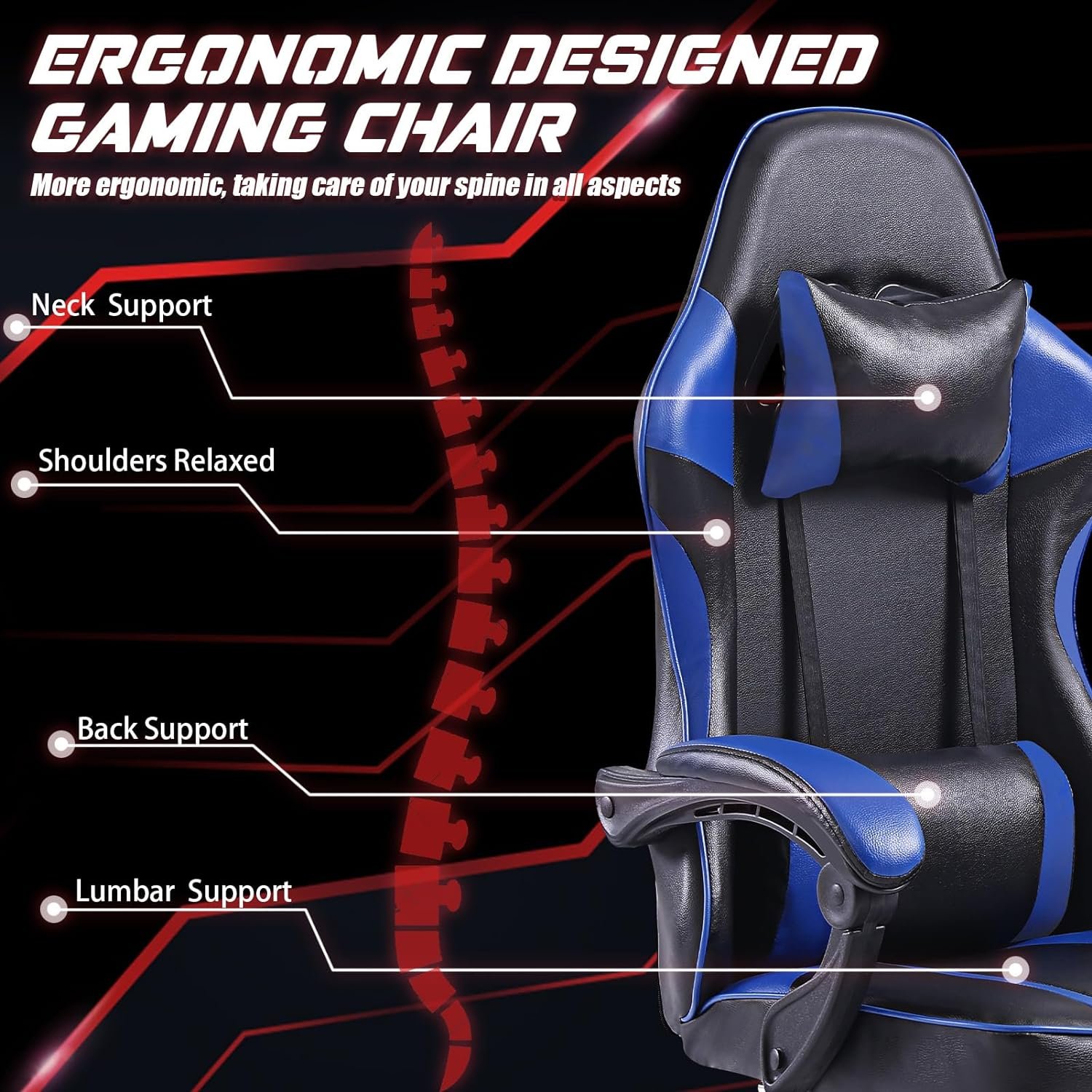 adjustable blue lift chair with revolving feature synthetic leather stainless steel game chair with lumbar pillow and footrest