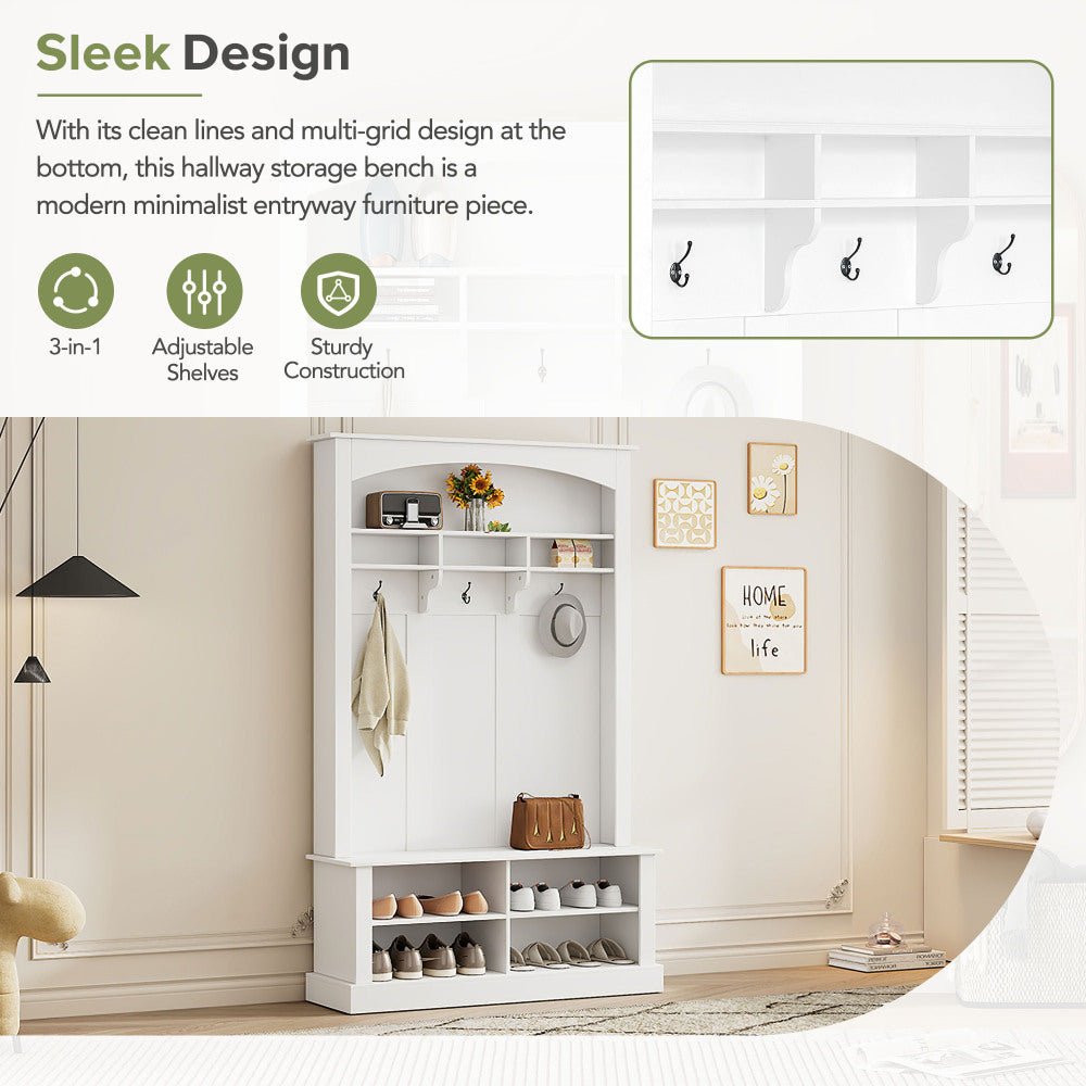 47.2'' wide hall tree with bench and shoe storage, multi functional storage bench with 3 hanging hooks & open storage space