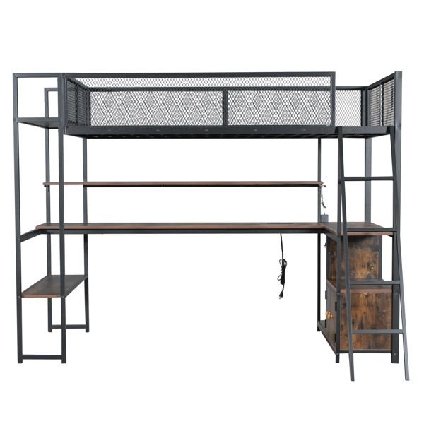 black twin size metal loft bed with built in work station & led multiple storage features