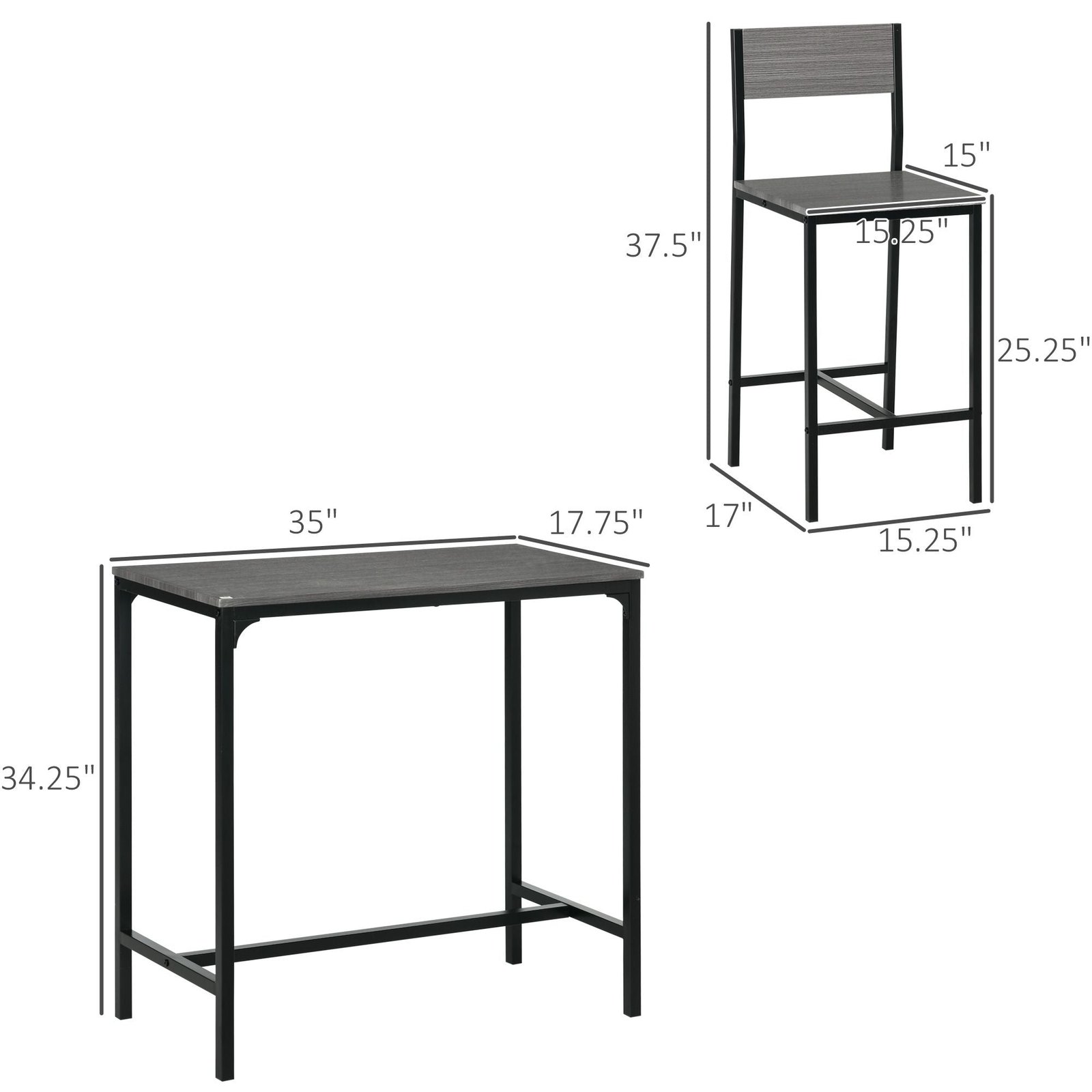 3 piece industrial style counter height dining set for 2 breakfast table in gray with bar stools for kitchen