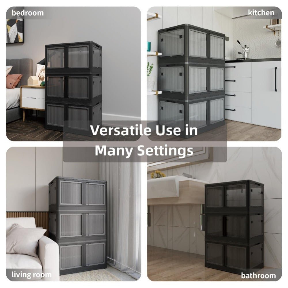 384qt 3 pack transparent stackable storage bins with 5 doors to open with wheels, folding plastic craft containers large
