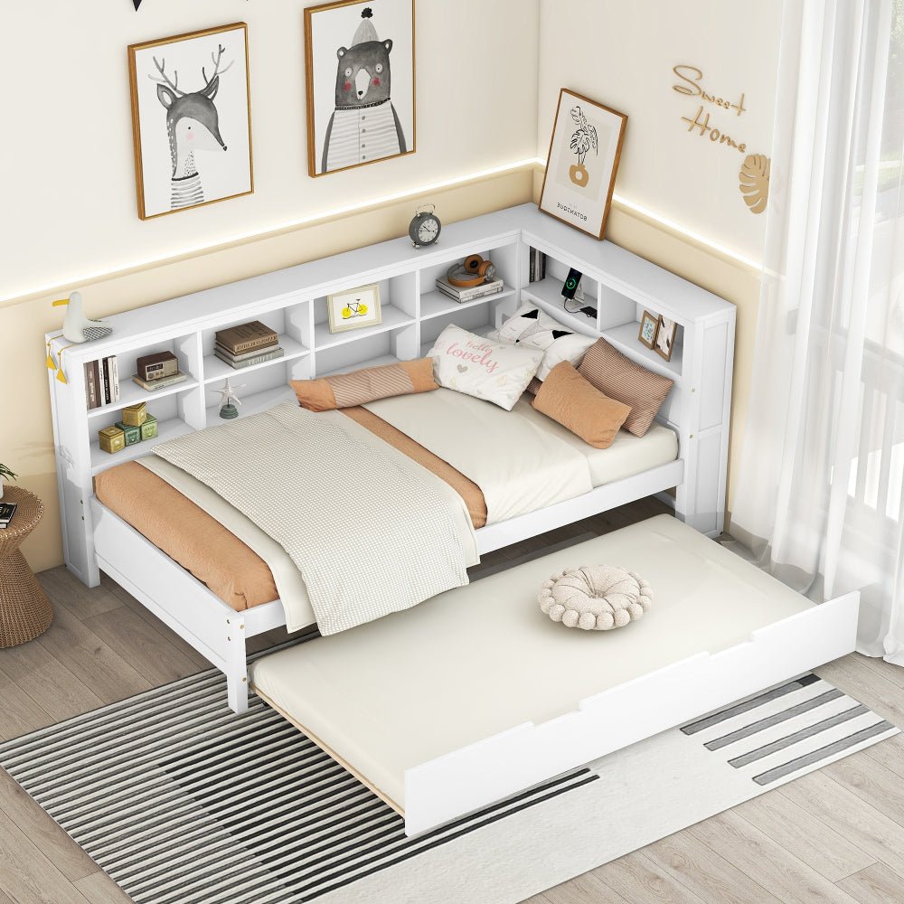 wooden twin size daybed with twin trundle, daybed with storage shelf and usb charging ports,white
