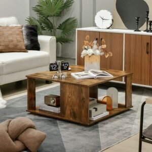 2 tiers square coffee table with non slip foot pads and storage space