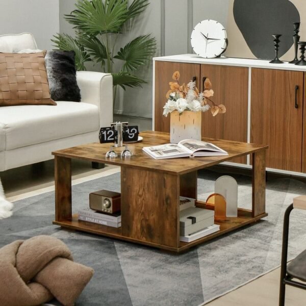 2 tiers square coffee table with non slip foot pads and storage space