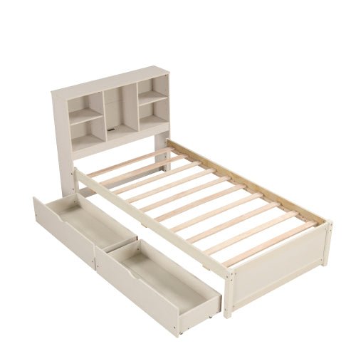 fcj modern twin size bed frame white washed color with led lights built in usb port bookcase headboard 2 drawers storage bed