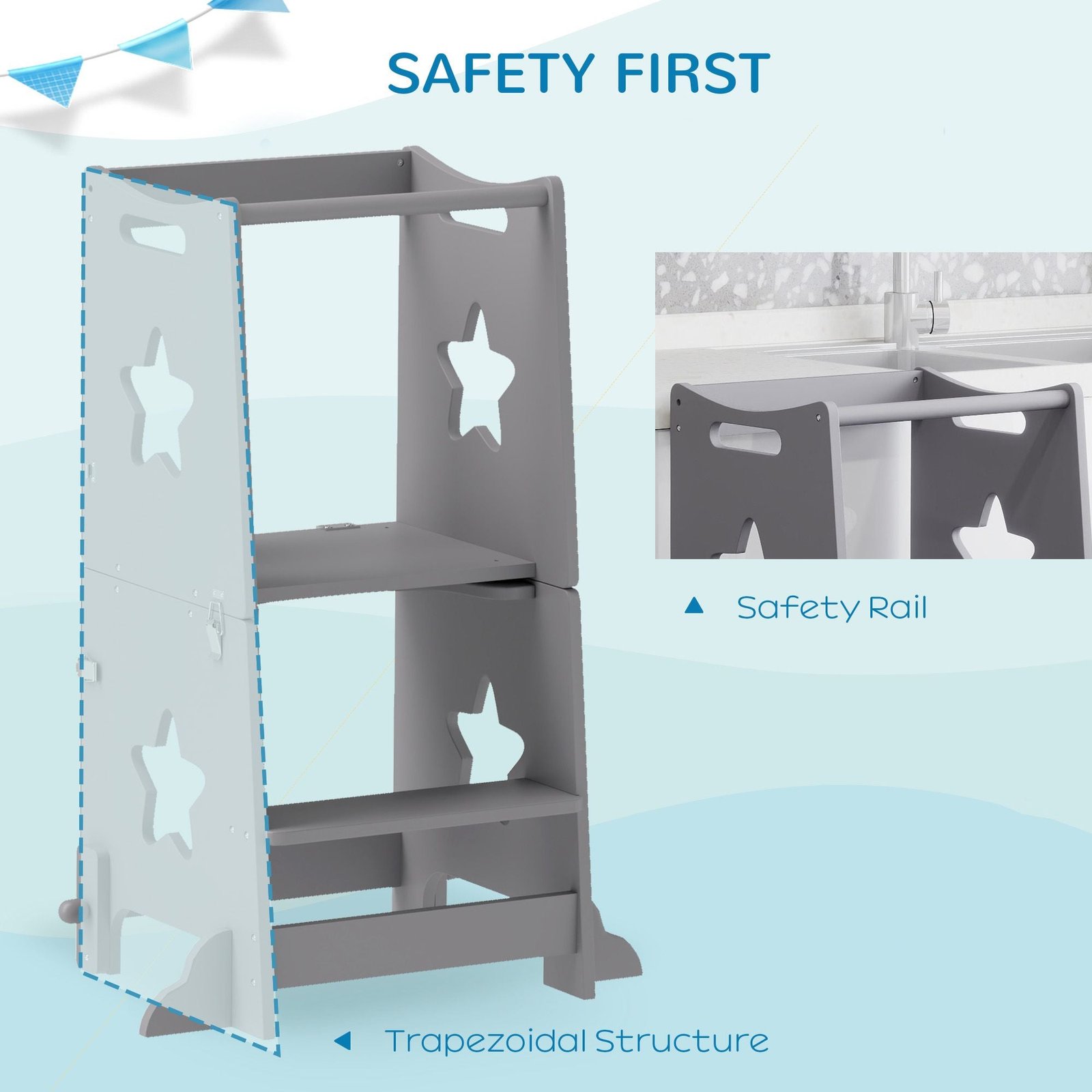 2 in 1 gray toddler tower with safety rail for bathroom sink kitchen counter or ottomans for multiple uses