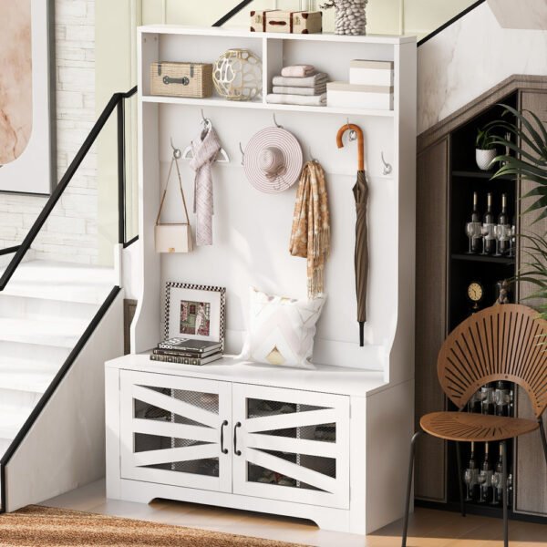43.3'' entryway bench with coat rack, 3 in 1 design and adjustable shelves, hall tree with 7 hooks for entrance, living room