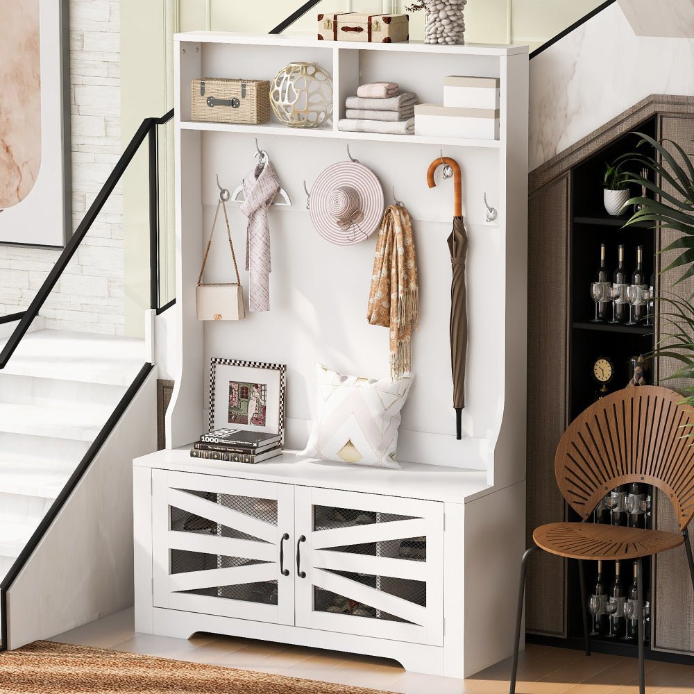43.3'' entryway bench with coat rack, 3 in 1 design and adjustable shelves, hall tree with 7 hooks for entrance, living room