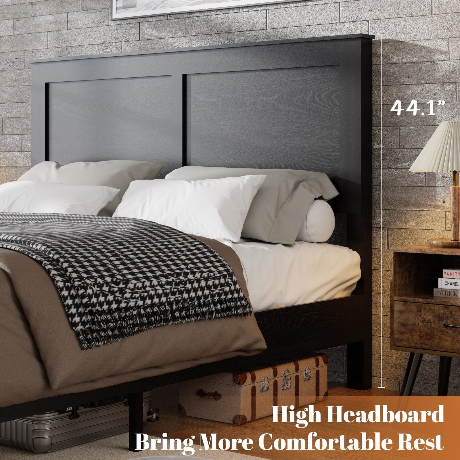 dark black queen size wood platform bed frame with large storage easy assembly noise free no box spring needed for murphy beds
