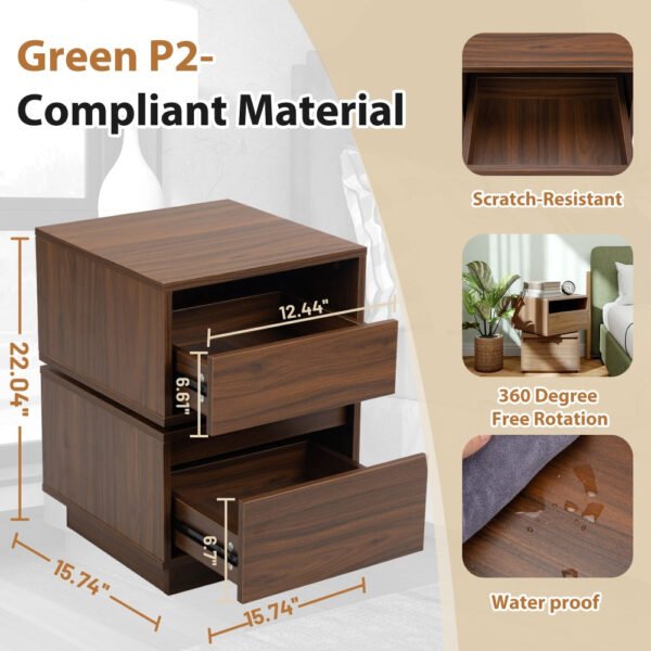 rotatable nightstand end table, bedside table with 2 drawers, 2 drawer dresser for bedroom, walnut