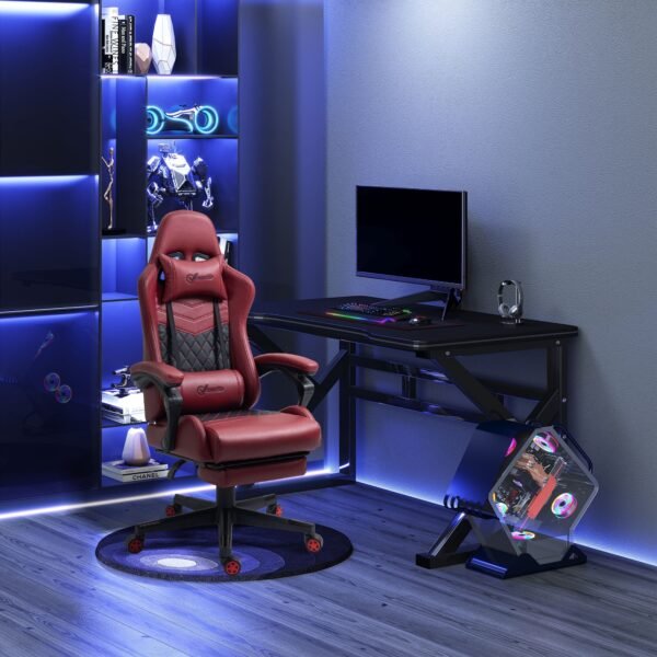 adjustable height gaming chair with lumbar support red pu leather swivel and reclining feature