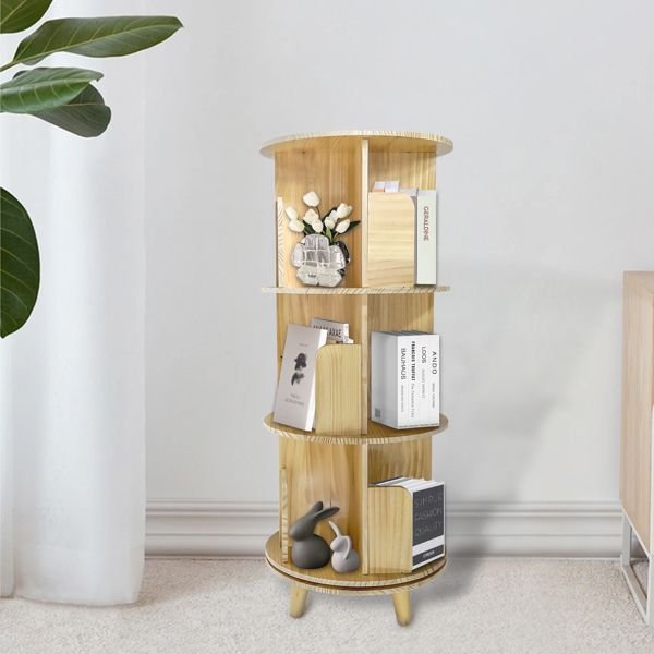 3 layer 360 rotation pine wood bookcase display rack and bookshelf