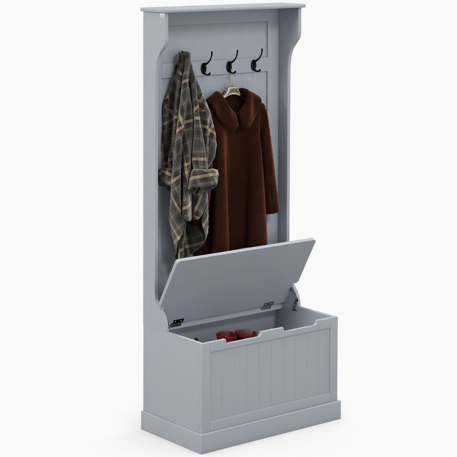 gray entryway hall tree coat rack with sitting bench and storage hooks for mudroom use