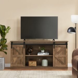 65 inch farmhouse tv stand natural brown entertainment center with sliding barn doors storage cabinets for televisions up to 58"