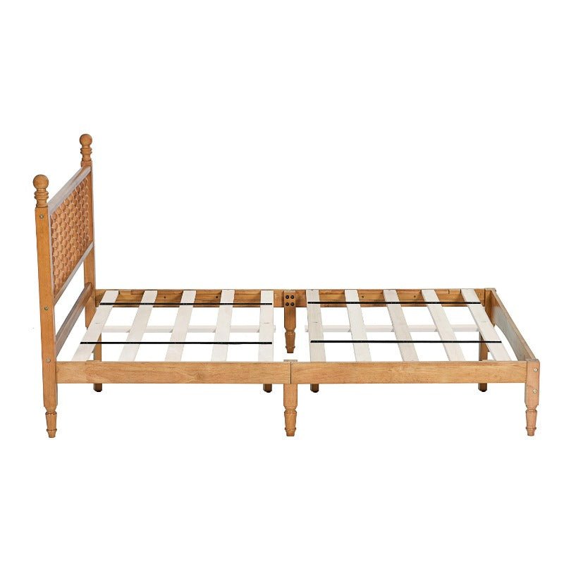 wood bed frame with spindle headboard, solid rubber wood foundation with wood central supports, 1000 lb capacity