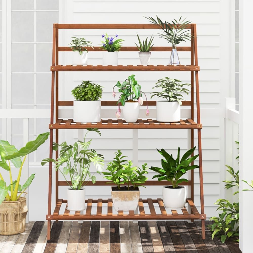 3 tier bamboo ladder shelf foldable bookcase for plants and flowers
