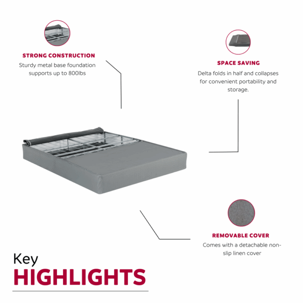 9 in. foldable metal bed base, king size mattress bed box spring foundation, grey