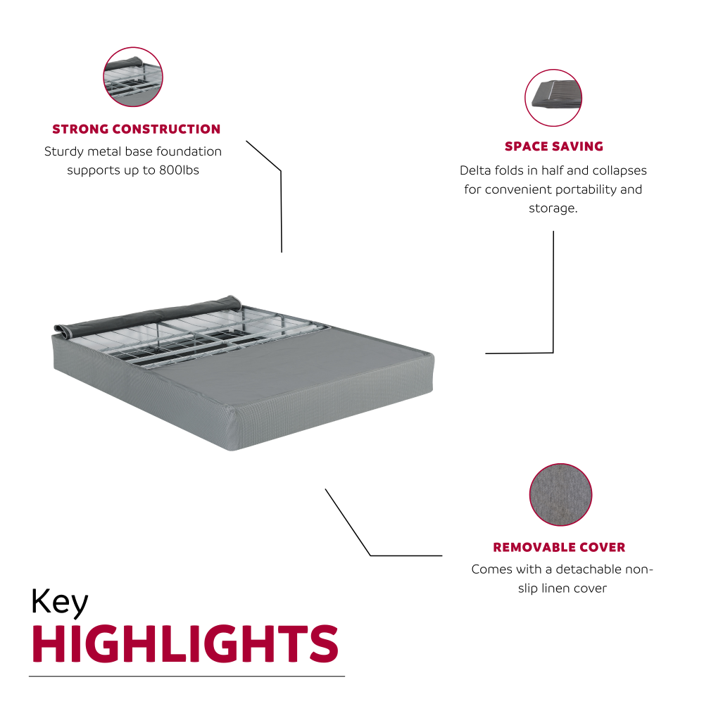 9 in. foldable metal bed base, king size mattress bed box spring foundation, grey