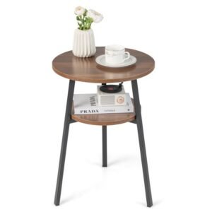 2 tier round end table for living room open shelf and triangular metal frame furniture