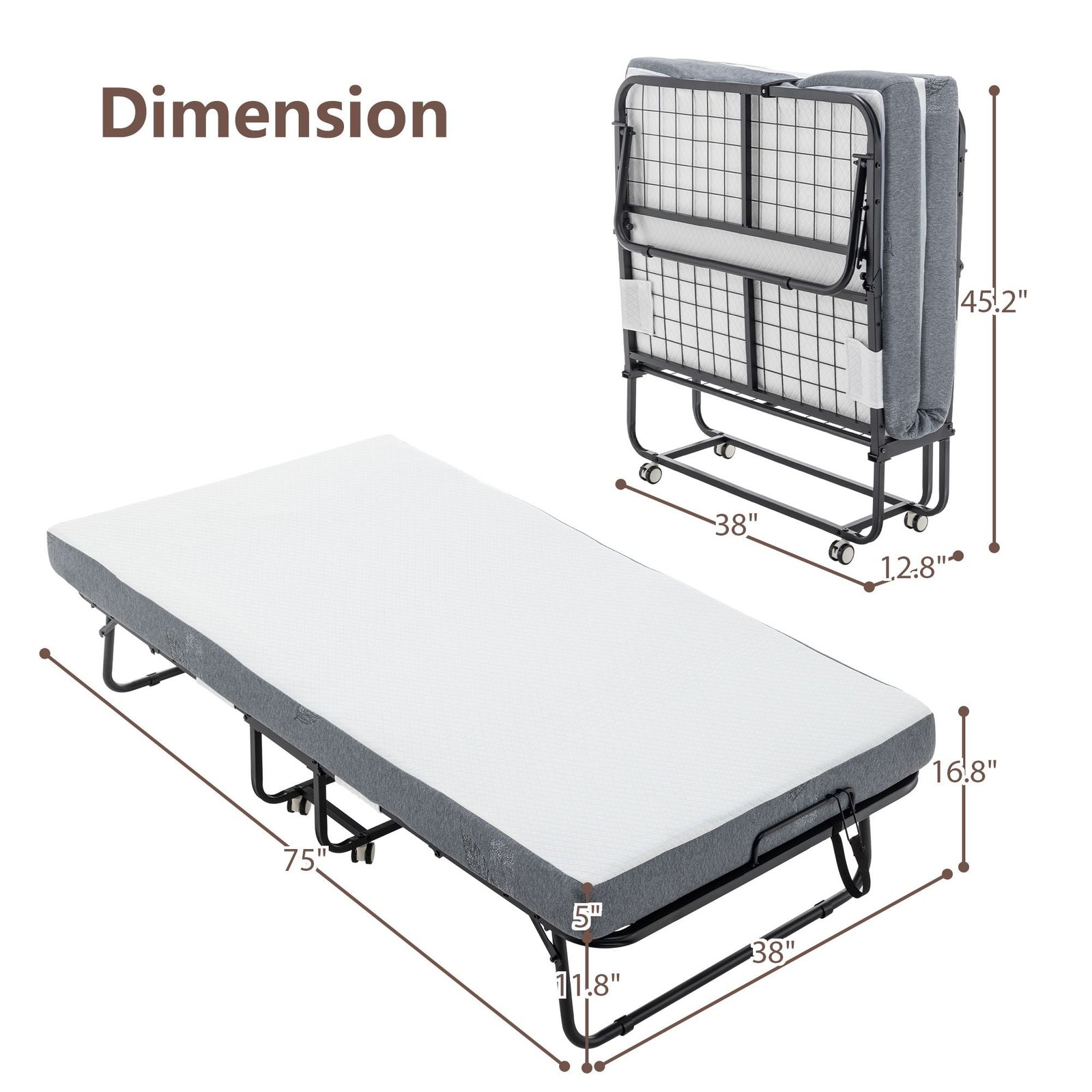 portable 75 in. x 38 in. folding metal frame rollaway bed with memory foam mattress & wheels 38 in. x 75 in.