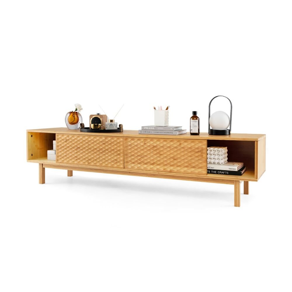 1pc 63 inches mid century modern bamboo tv stand with sliding doors modern tv stand