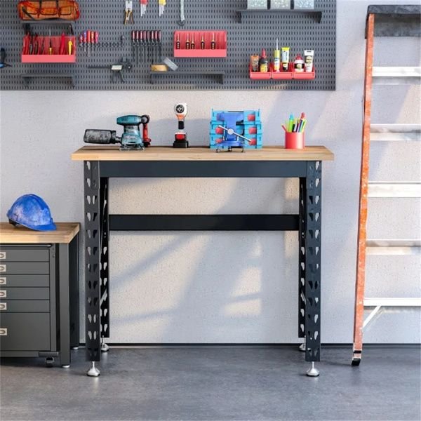 adjustable 45" garage workbench with wood tabletop as a tool table or computer desk