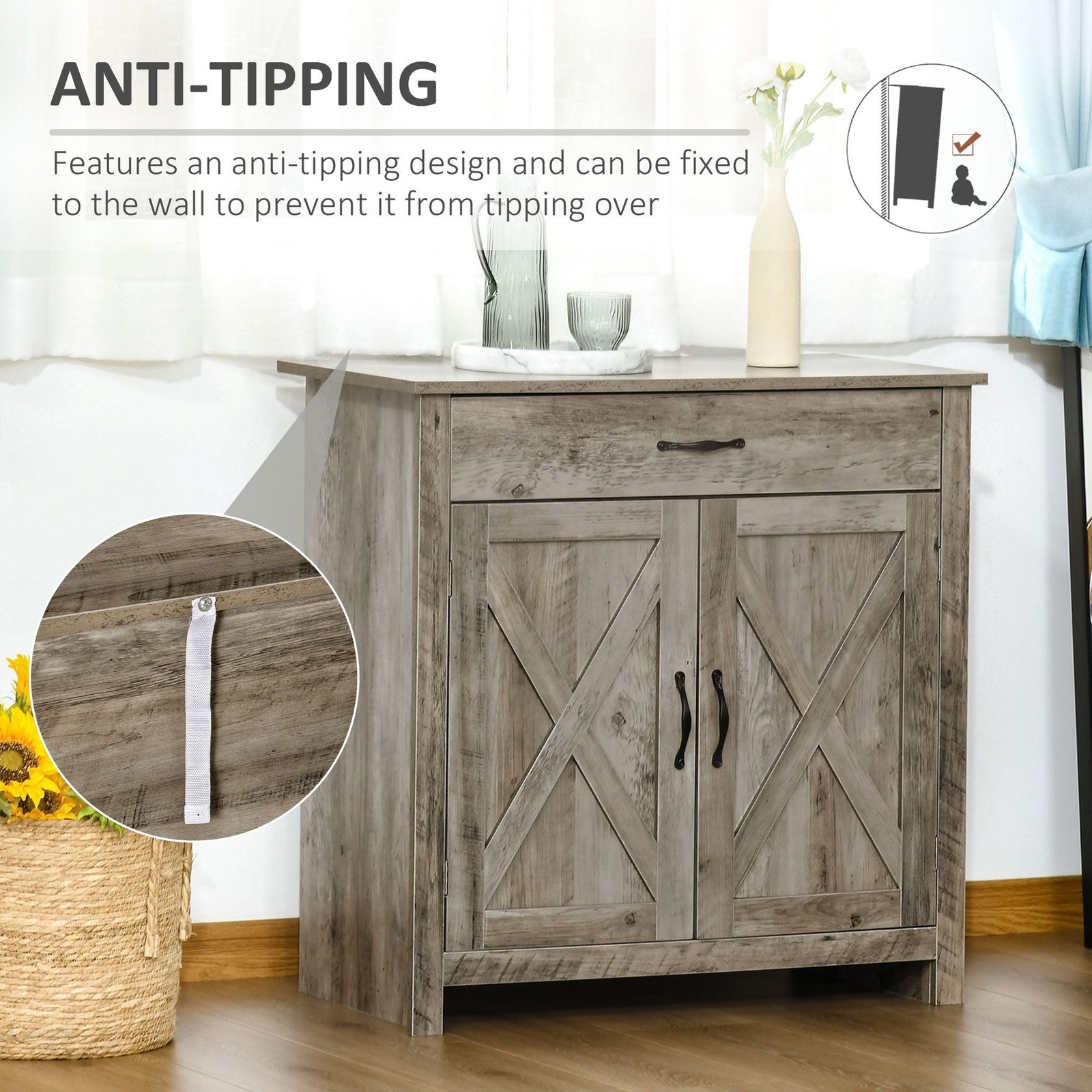 32" gray wash farmhouse sideboard buffet cabinet barn door style coffee bar for kitchen living room or entryway