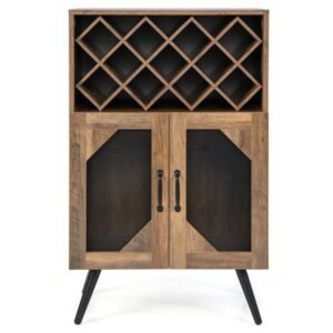2 door farmhouse style kitchen storage bar cabinet featuring wine rack and glass holder