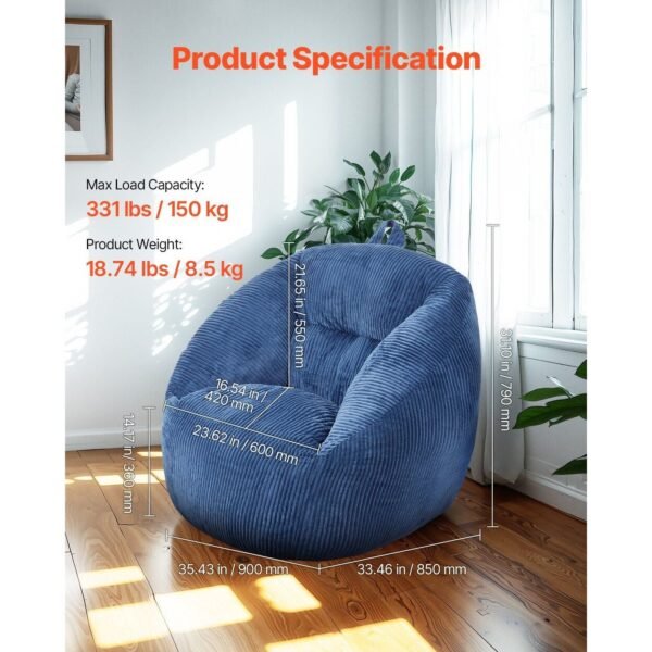3 feet bean bag chair with soft teddy velvet cover 25d memory foam storage pocket soft armrests blue for bedroom playroom