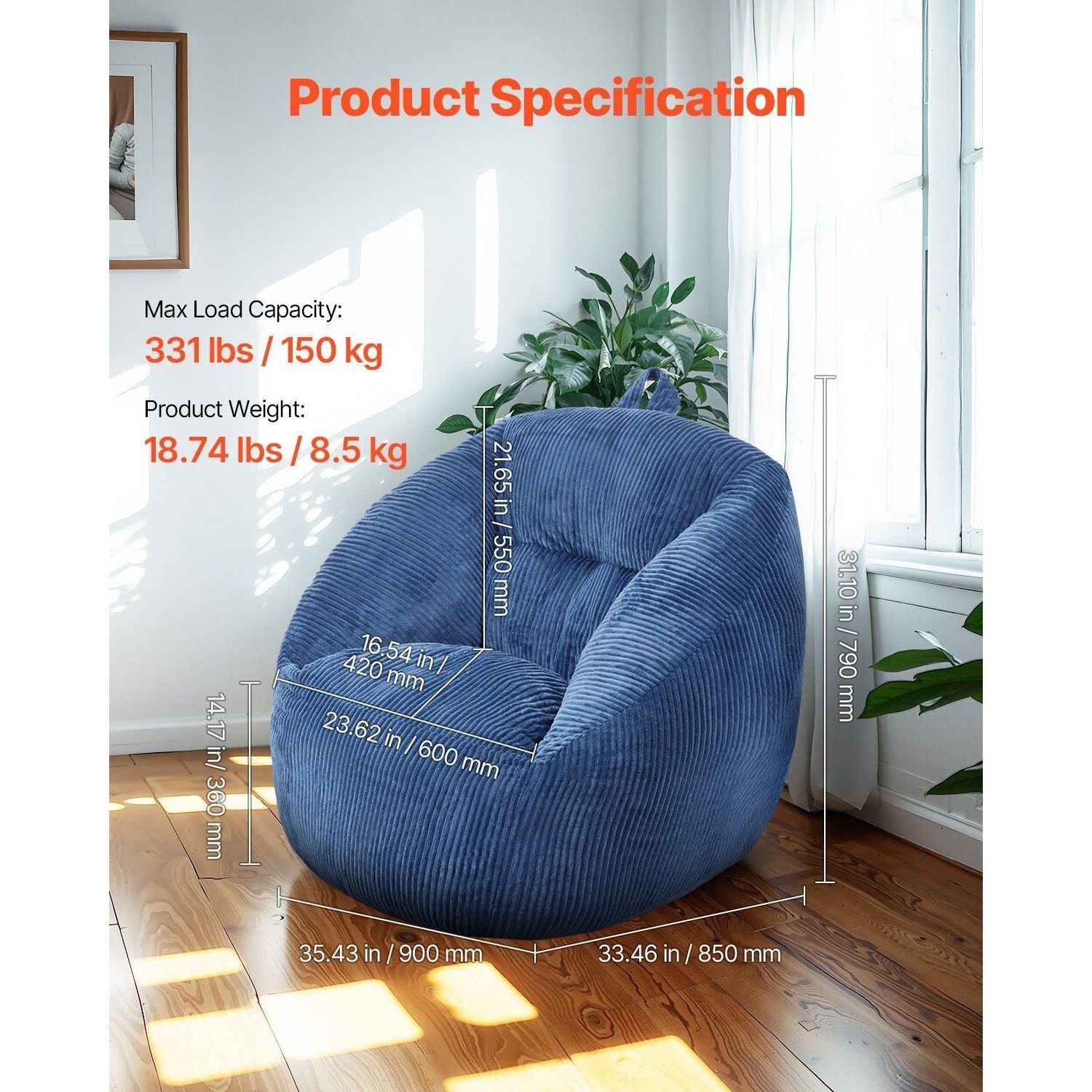 3 feet bean bag chair with soft teddy velvet cover 25d memory foam storage pocket soft armrests blue for bedroom playroom