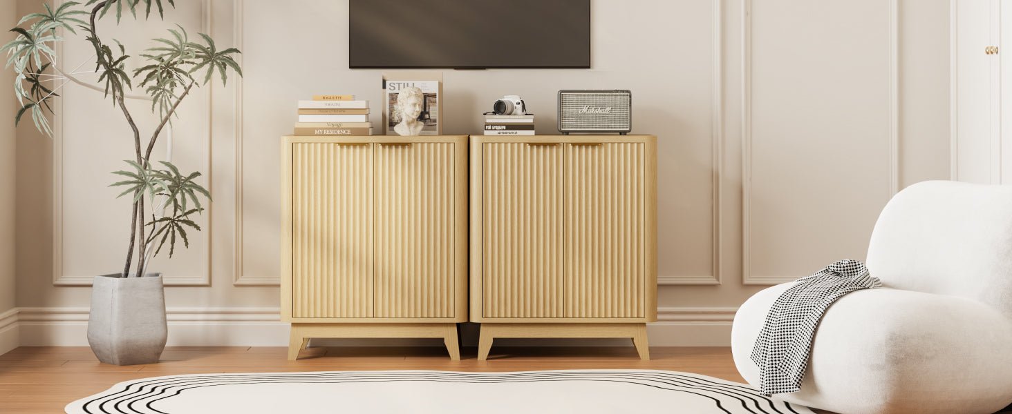 2 door fluted sideboard buffet natural oak aesthetic curved design adjustable shelf entryway console table living room cabinet