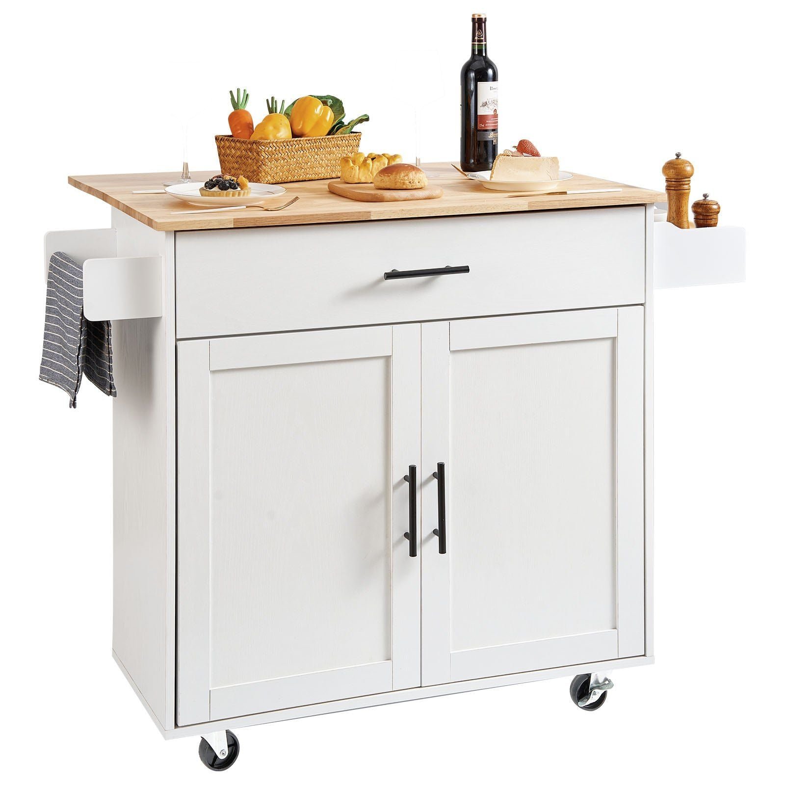 white kitchen island cart solid wood top 35.4" width rolling storage cabinet mobile table spice towel rack drop leaf islands